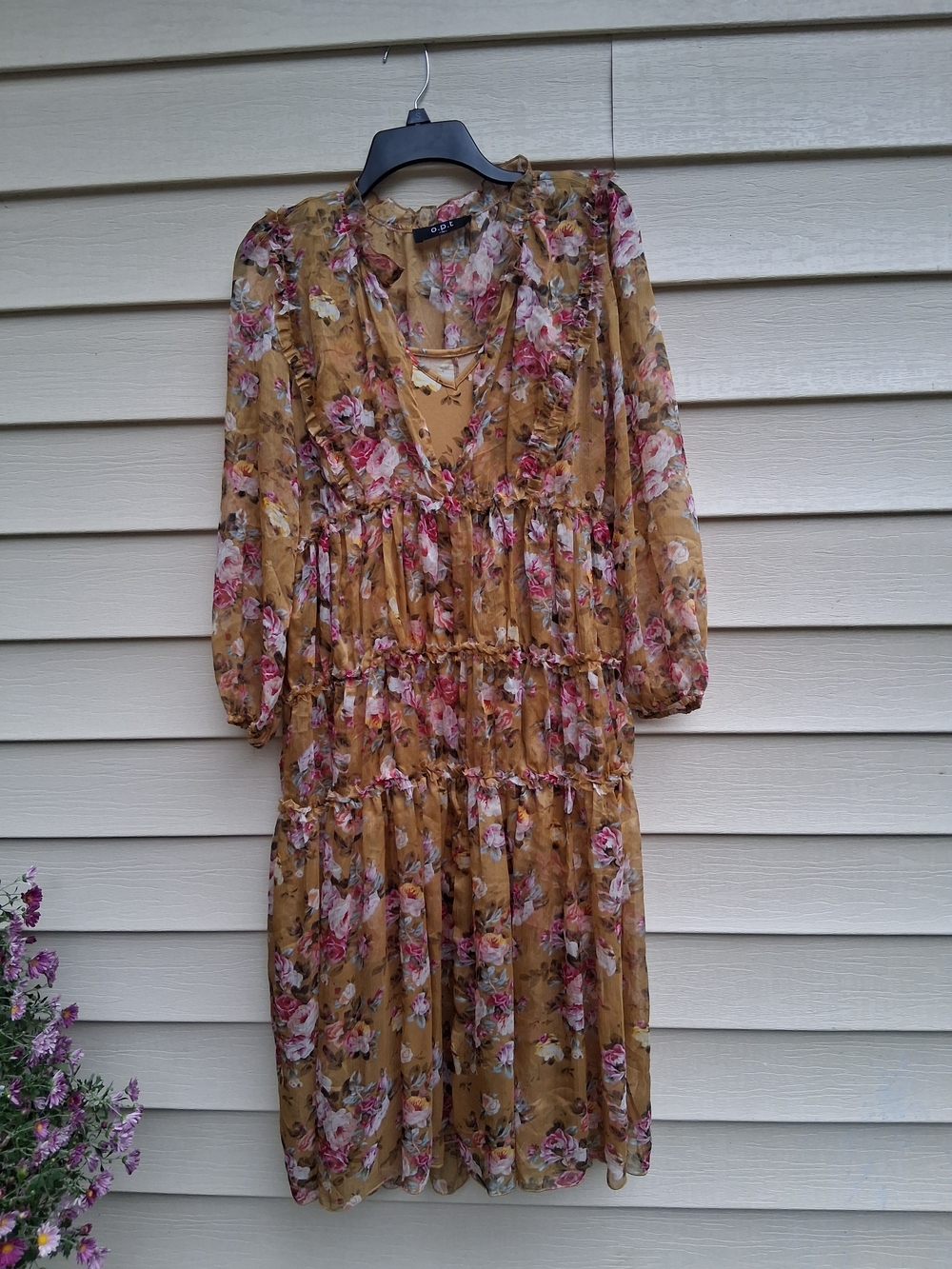 Mustard Floral Tiered Midi Dress with Ruffle Details